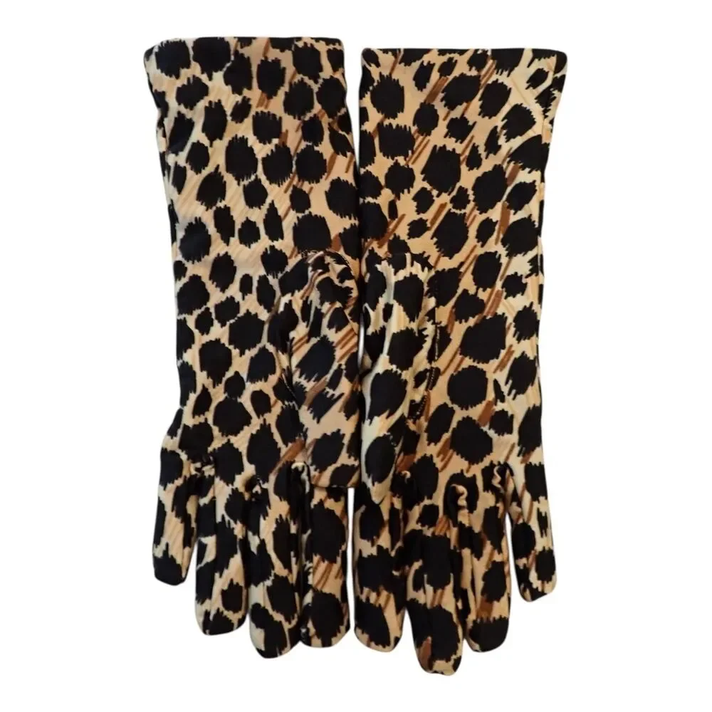 Vintage Gloves Leopard Print Stretch Nylon Spandex Knit Lined WPL 9745 Old Money